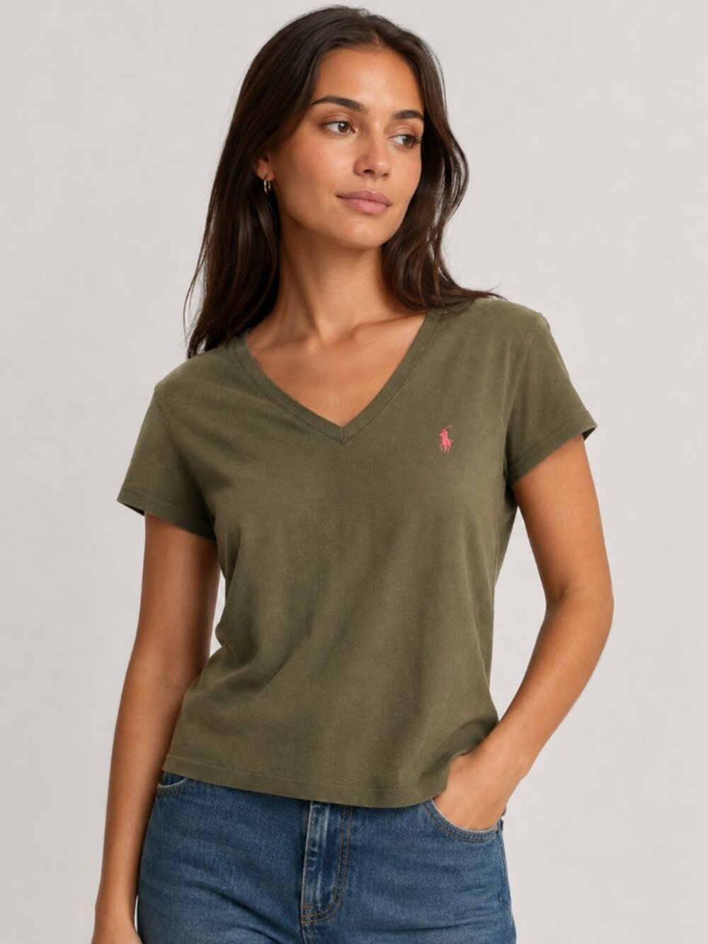 Vintage Ralph Lauren Sport Olive V-Neck Logo Tee Size L